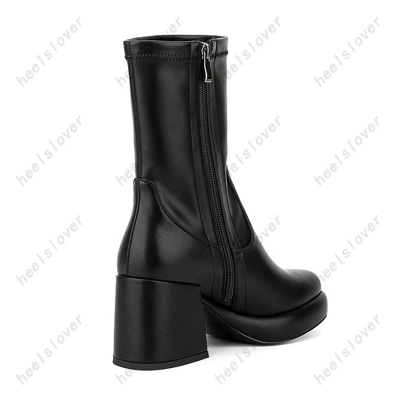 Heelslover New Fashion Women Winter Mid Calf Boots Block klackar Square Toe Elegant Black Club Shoes Ladies US Size 5-13