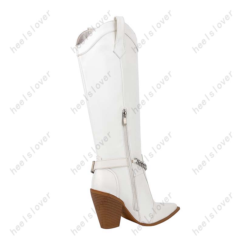 Heelslover New Fashion Women Winter Mid Calf Boots Lock Heels Pointed Toe Black White Western Shoes Ladies Us Size 5-13