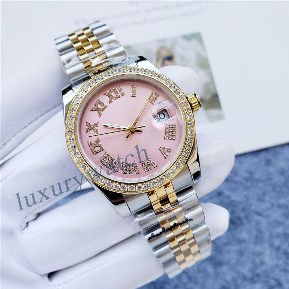 Relógio feminino rosa mecânico diamante relógios de natal automático luxo relógios rosa ouro tamanho 36mm vidro safira à prova dwaterproof água desig244k