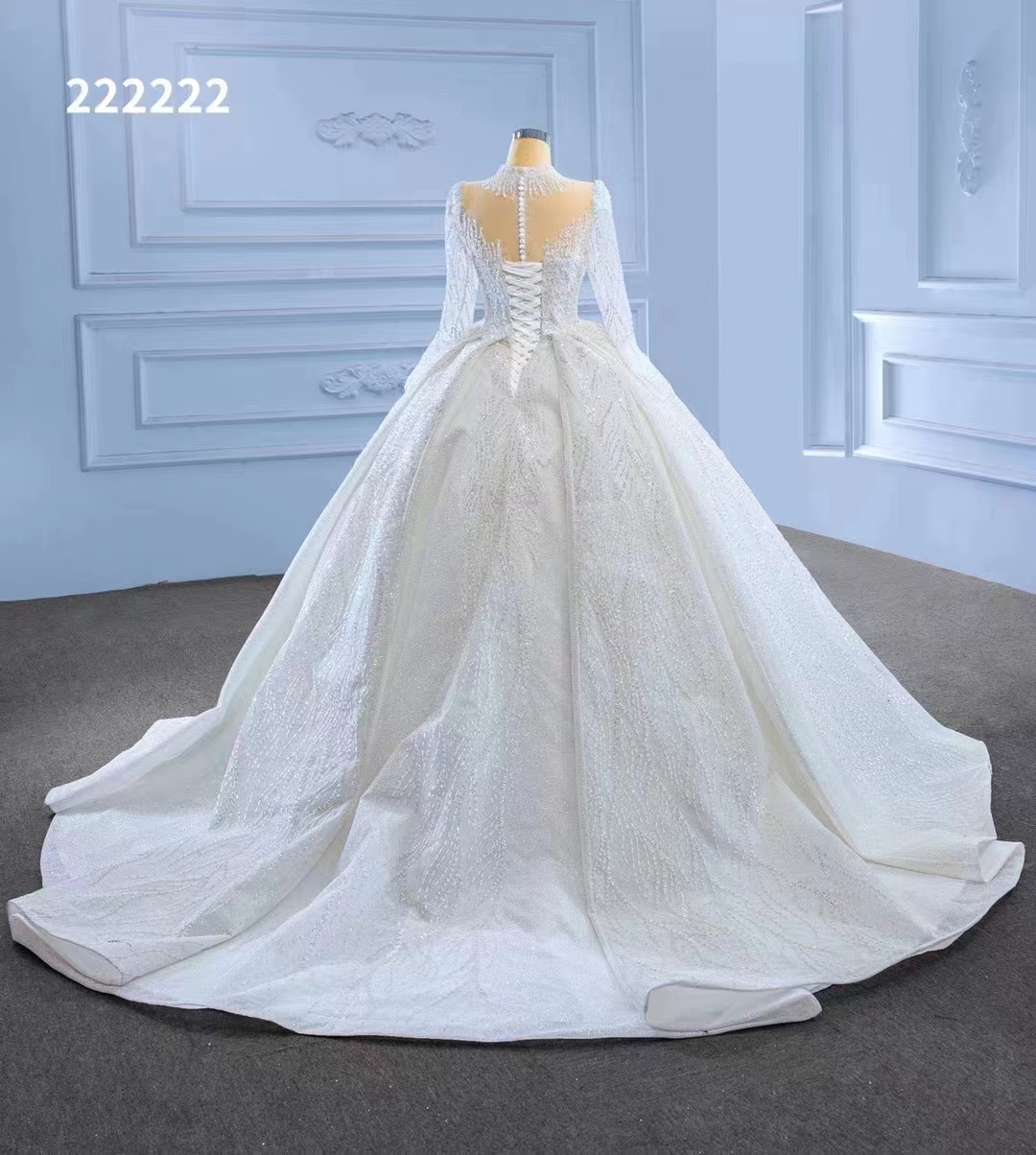 High collar Wedding dress Long sleeve pearl Luxury tulle Bride backless handwork White SM222222