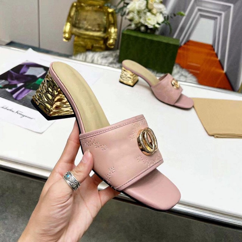 New Women's Midheel Slipper Summer New Designer Leather Office Sandal Buckle Sexy Style Sies Size 35-44 with box