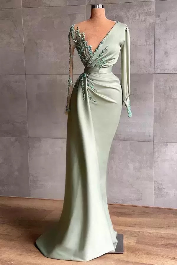 Elegant Evening Dresses Modest Long Sleeves Sheer Neck Appliques Beads Floor Length Formal Occasion Wears Vestidos de fiesta