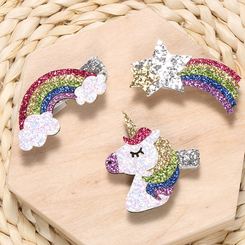Partihandel Nya babyhårklipp 30st stjärnor Horse Rainbow Design Söta barn Hårnålar Glitter Filt Cartoon Girls Hair Accessories