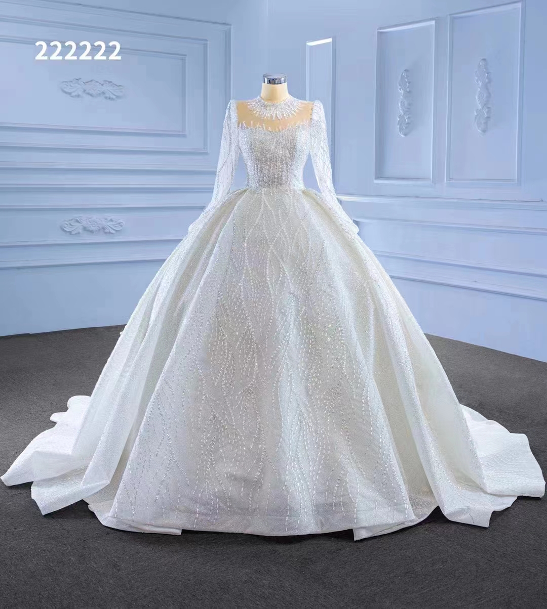 White high collar wedding dress Long sleeve pearl Luxury tulle Bride backless handwork SM222222