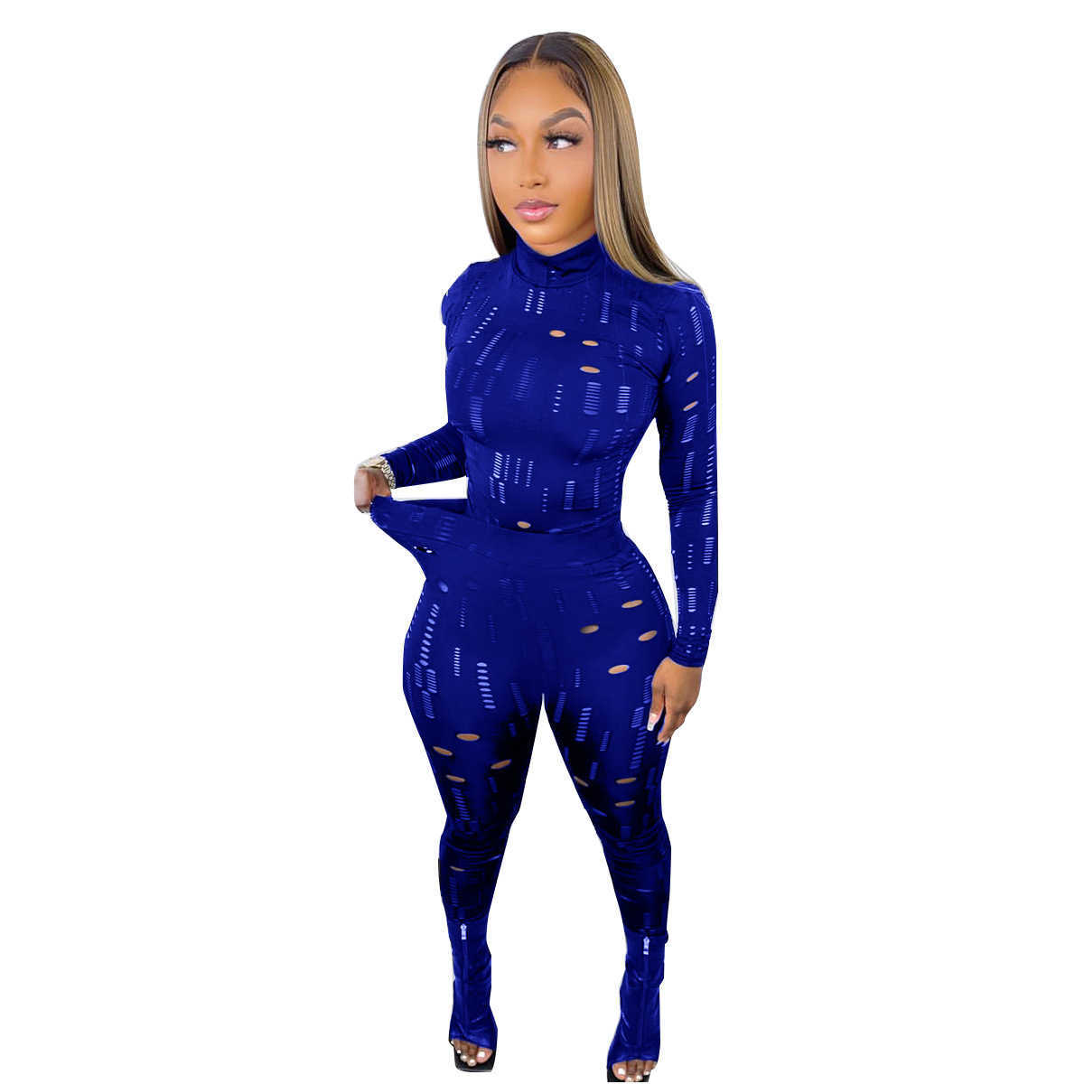 New Womens Hollow Out Pants Suit Sexy Elastic Hole Collo alto Autunno manica lunga Top e leggings Set