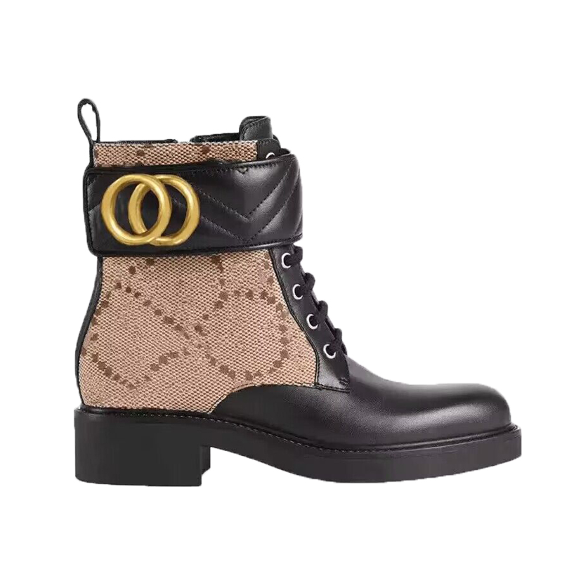 Botas de moda de otoño e invierno con cordones Mujer con cremallera Bota de tobillo plana Cinturón de viaje de metal Letra de cuero Negro Cuero de vaca suave Zapatos de diseñador para mujer Tamaño 35-40-41-42 Con caja