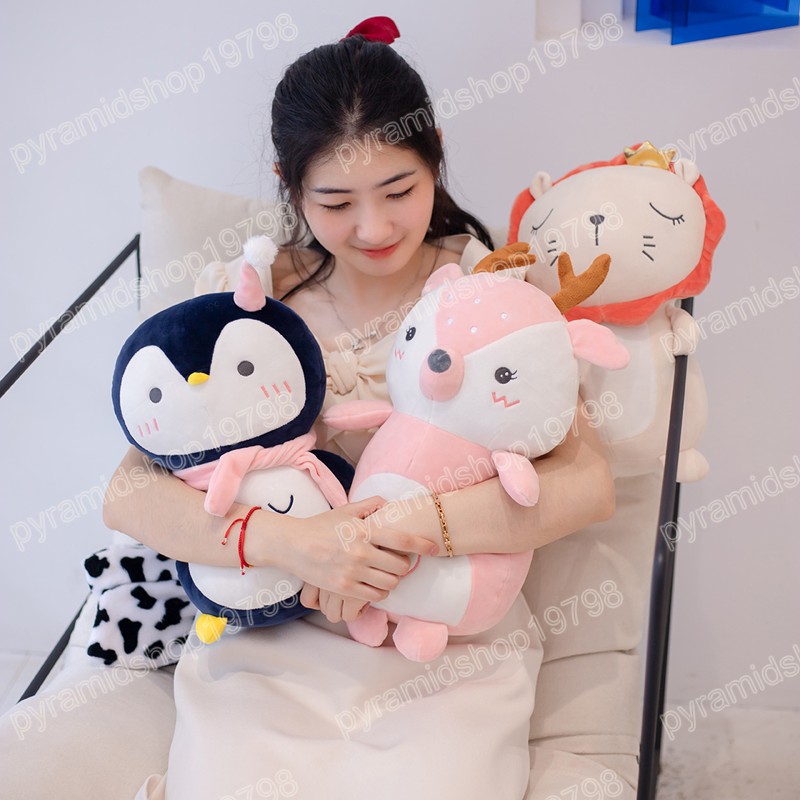 Poupées en peluche pingouin Lion cerf 35cm, jouets animaux mignons, oreiller en peluche doux, cadeaux d'anniversaire pour enfants filles