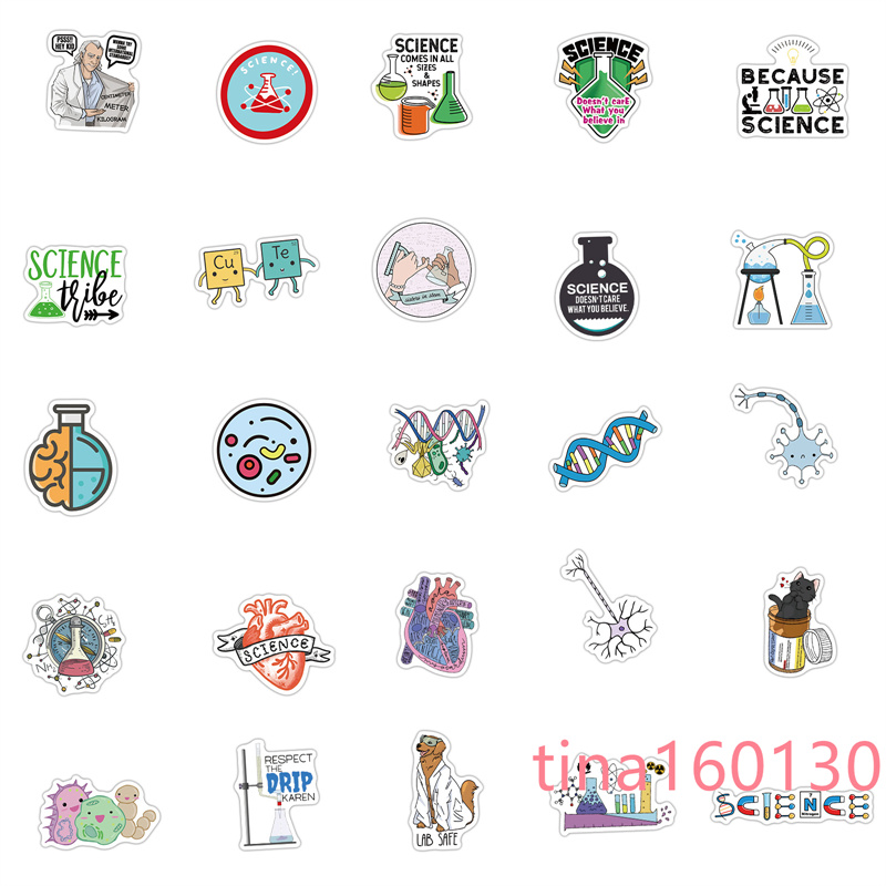 50 st Science Chemistry Biologi Laboratorie Research Stickers för möbler Suftväska Vägg skrivbordstol leksak datormotorcykel gitarr telefonfodral klistermärke Pack Decal