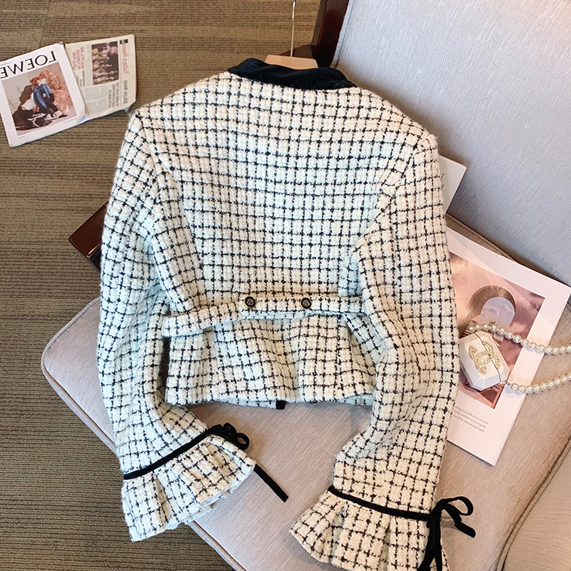Women's o-neck velvet bow patched jackets plaid grid tweed woolen flare long sleeve coat MLXLXXL