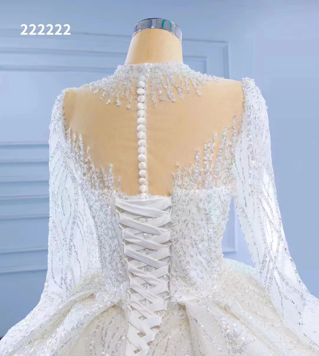 Witte hoge kraag trouwjurk lange mouw parel luxe tule bruid backless handwerk sm222222