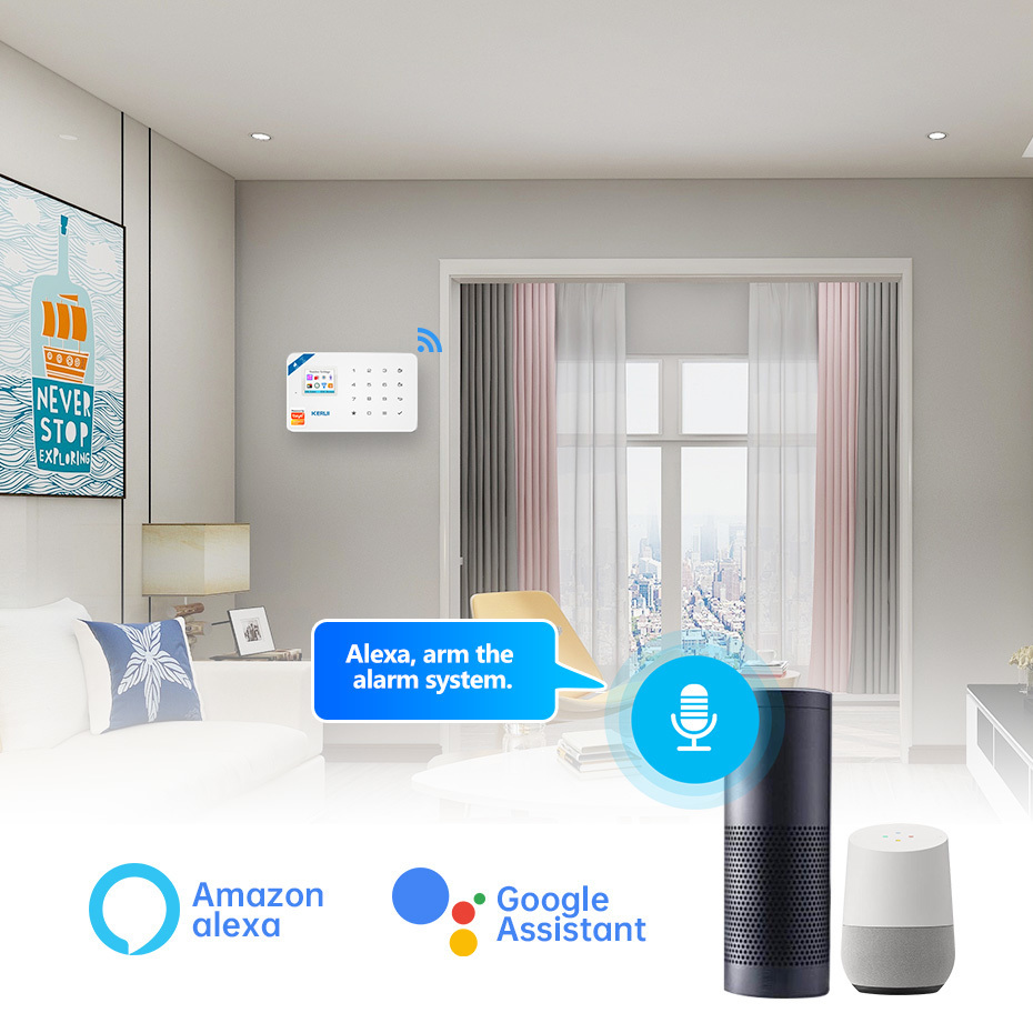 알람 시스템 Kerui Tuya Smart WiFi GSM 보안 시스템은 Alexa Home 강도 모션 탐지기 연기 도어 창 센서 IP 카메라 221101과 함께 작동합니다.