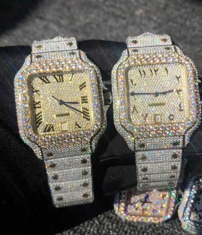 Rose Gold Mixed Sier Large Diamond Roman siffror Luxury Miss Square Mechanical Mens Icing Watch Cubic Zirconia Watchonmt2460