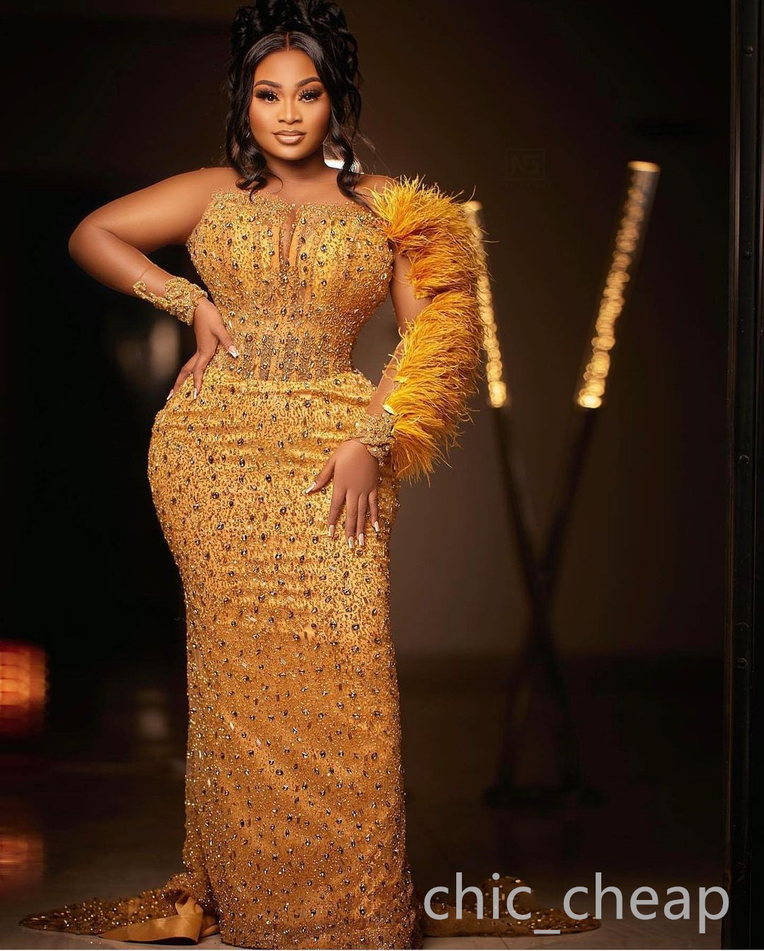 2022 Arabic Aso Ebi Gold Mermaid Prom Dresses Beaded Crystals Feather Evening Formal Party Second Reception Birthday Engagement Gowns Dress ZJ333