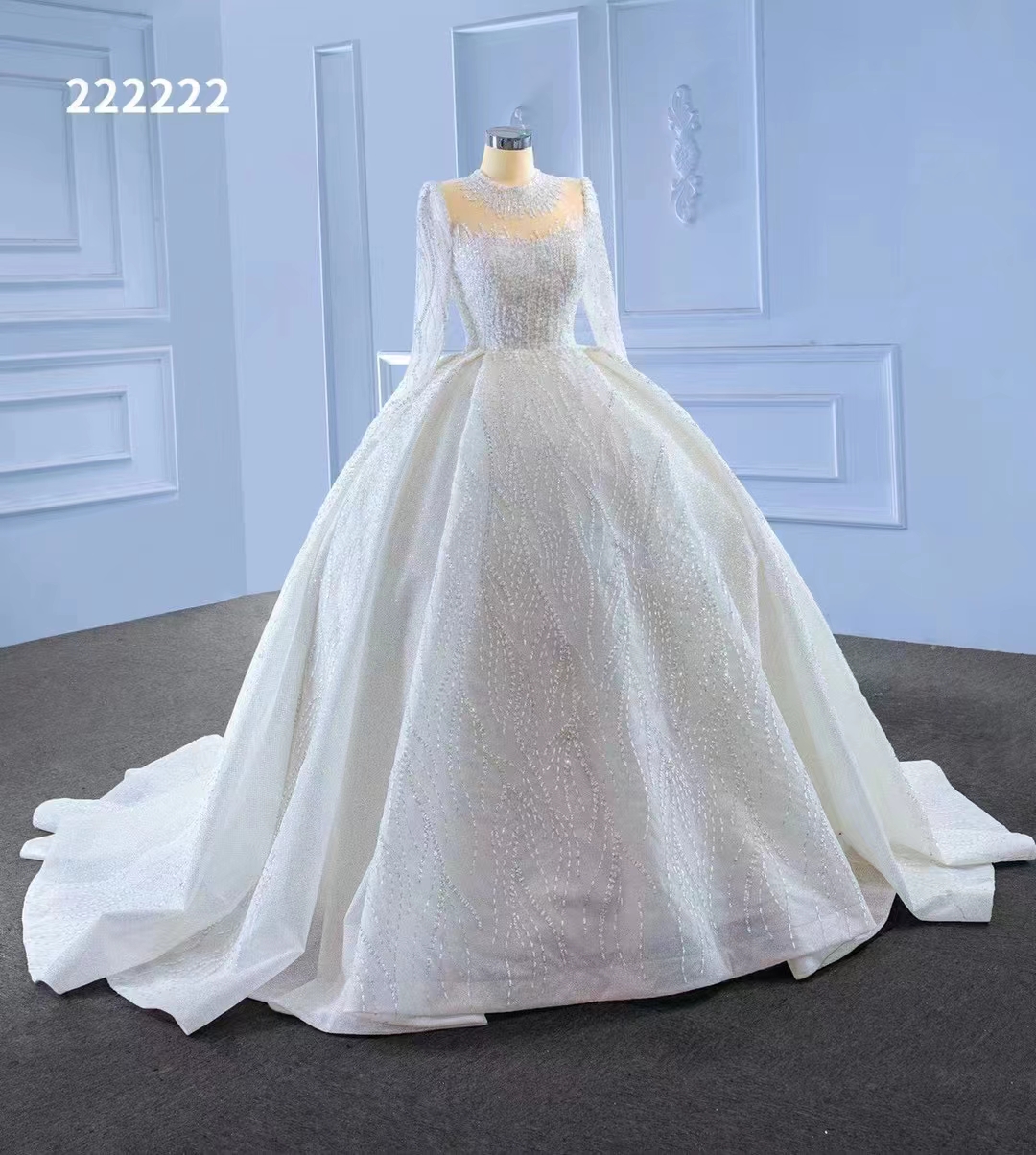 Witte hoge kraag trouwjurk lange mouw parel luxe tule bruid backless handwerk sm222222