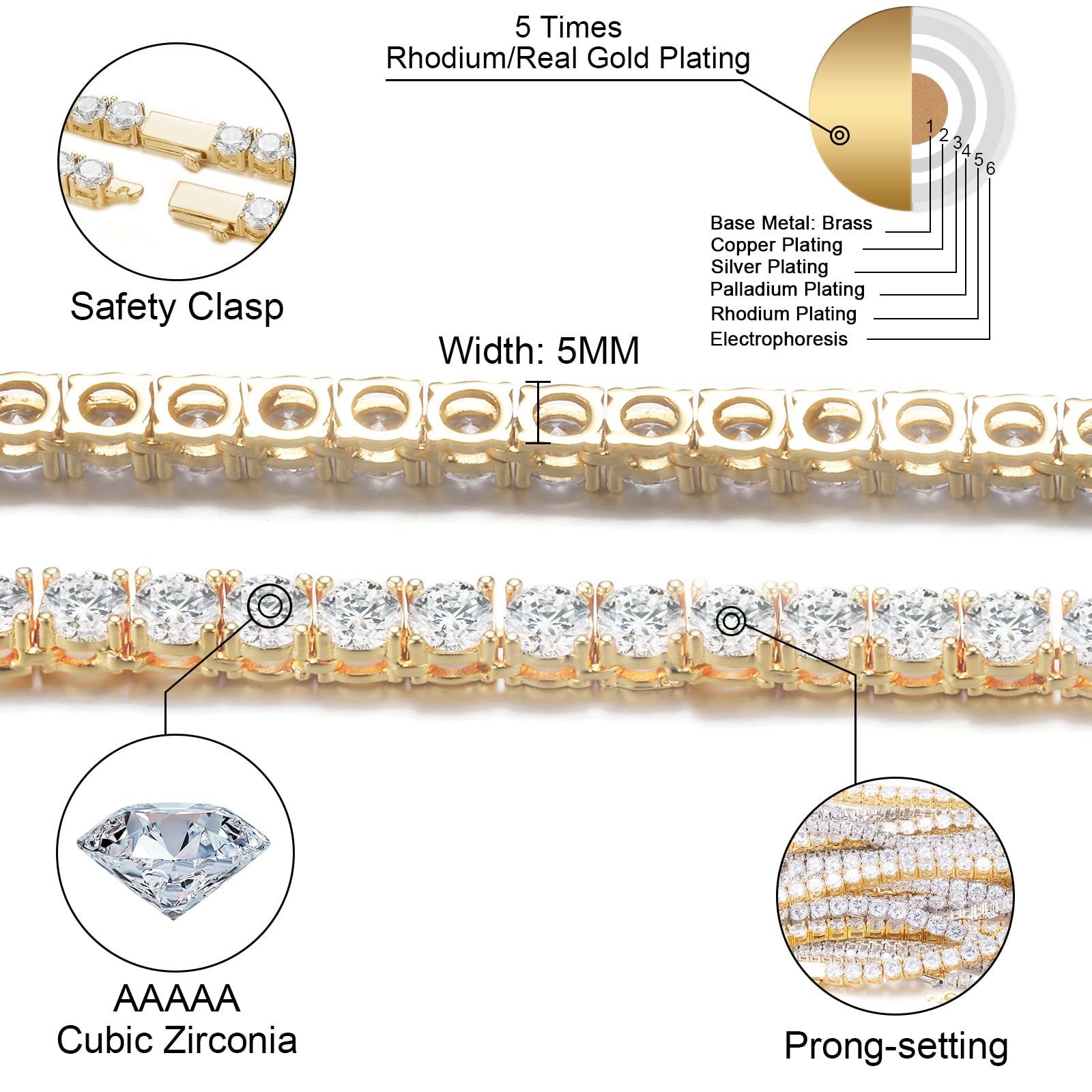 Łańcuchy Hip Hop 1 rząd 4 Prong łańcuch tenisowy AAA CZ kamień 3456MM Bling Iced Out pozłacany sześcienny cyrkon naszyjnik dla mężczyzn biżuteria 221031