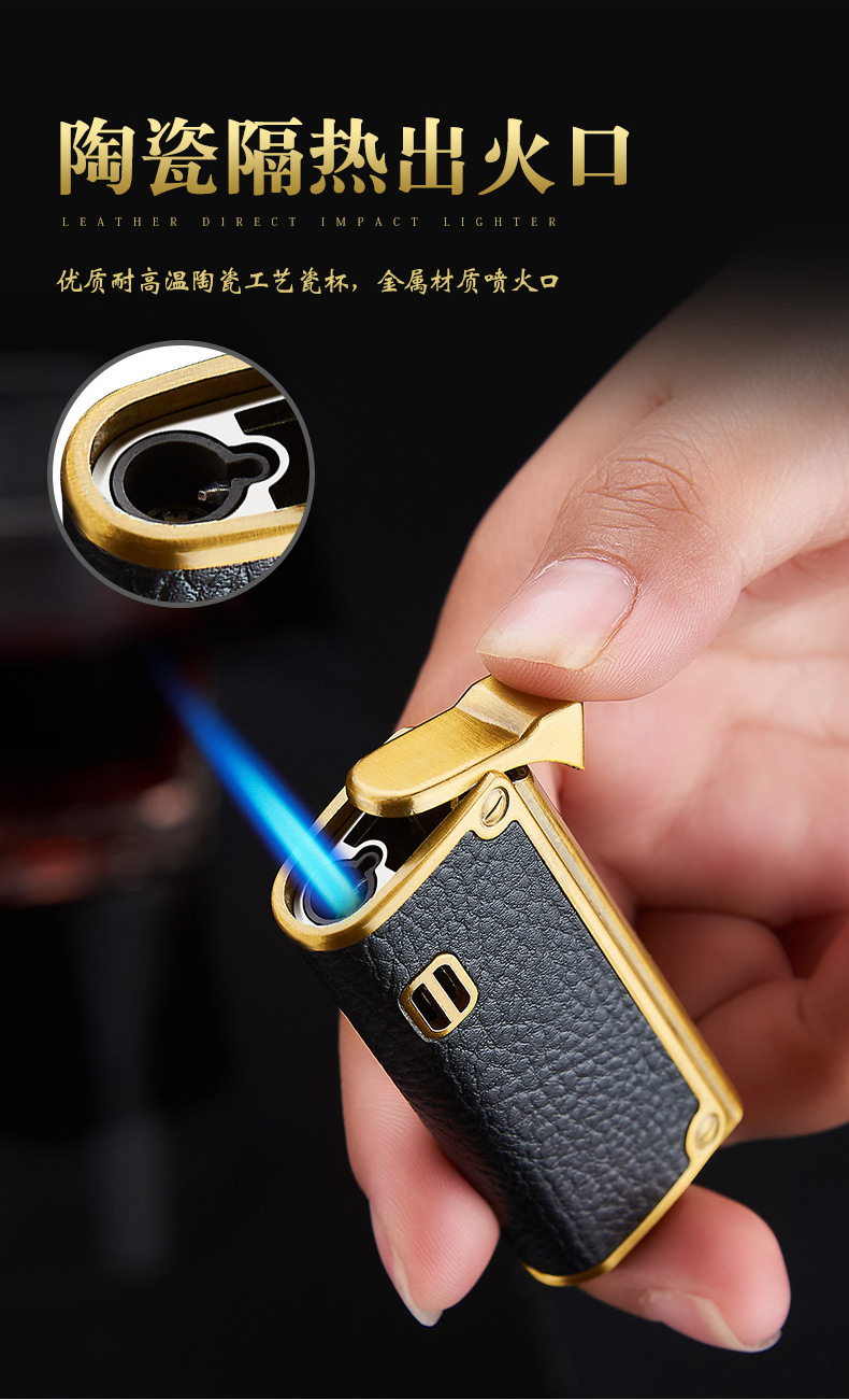 Genuine Leather Cigar Punch Lighters Refillable Windproof Gentlemen  Flame Cigarette Torch Embossed Windproof Lighter