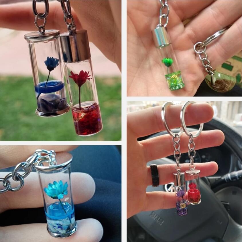 Natural Eternal Flower Glass bottles Key Rings Keychain For Women Girls Real Dried Flowers Plants Key Chains Keyrings Keys Bags Accessories Jewelry Gifts
