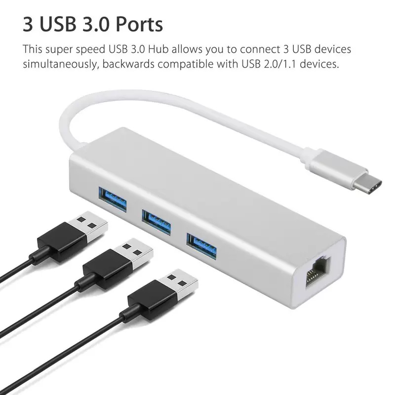 C Tipi Ethernet Adaptörü - RJ45 LAN Ağ Kartı Kablolu 10/100/1000Mbps Gigabit USB 3.0 Hub Macbook Dizüstü Dizüstü Bilgisayar için 5Gbps