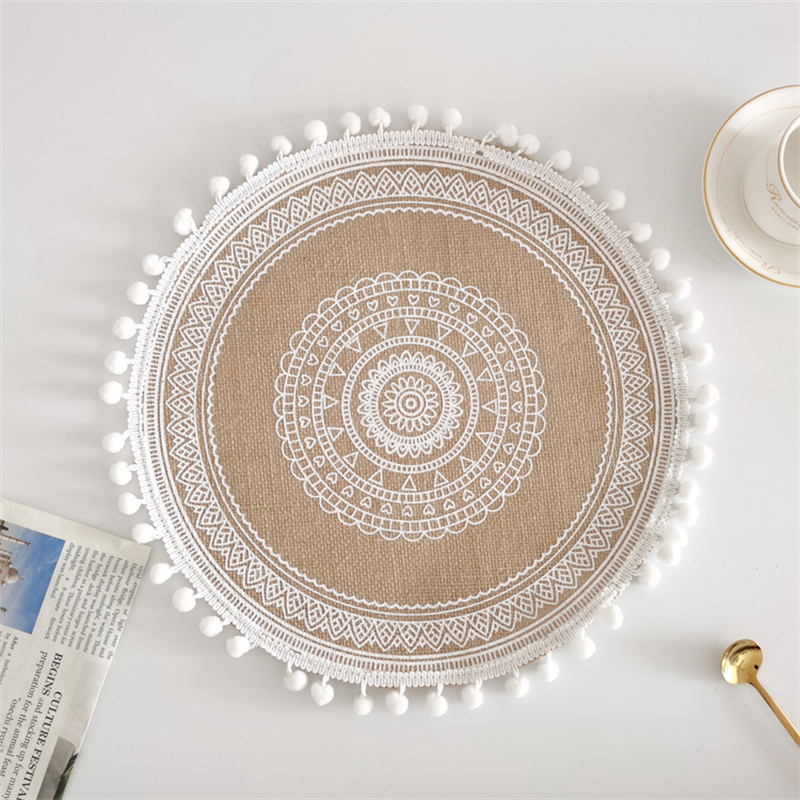 Tapis de Table ronds en coton et lin, style Boho, tissé en macramé, avec pompons, pour décoration de salle à manger et de cuisine
