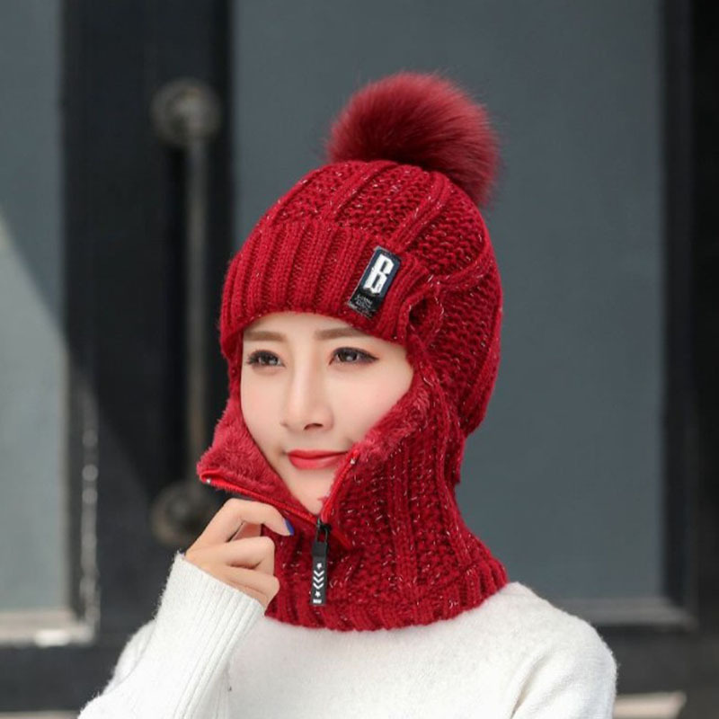 Coral Fleece Women Knitted Hats Add Fur Warm Winter Hat for Women with Zipper Scarf Keep Face Warmer Balaclava Pompoms Cap WLL1791