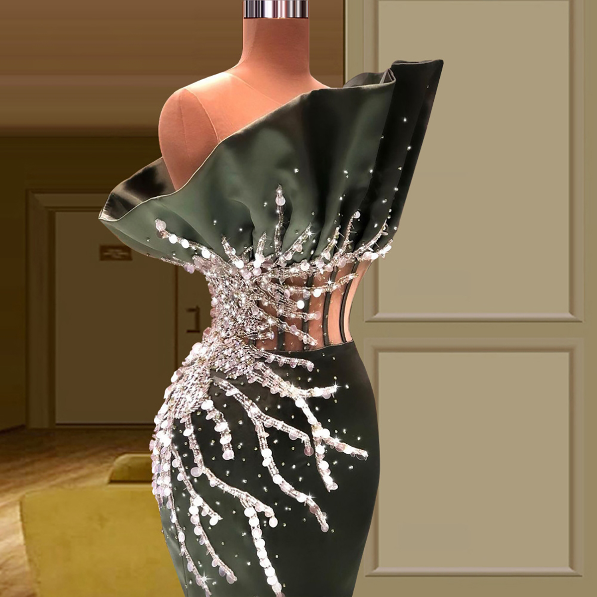 Lentejuelas de lujo Sirena Vestidos de noche Nuevos diseños Satén Vestido de fiesta Cuentas simples Vestidos de fiesta formales