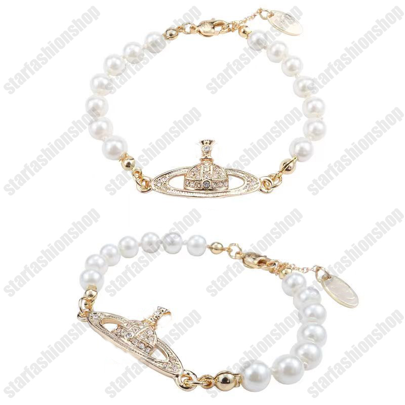 Bransoletka Saturn z pudełkiem Pearl Beaded Strand Diamond Tennis Planet Bracelets Woman Gold Designer Akcesoria 2158