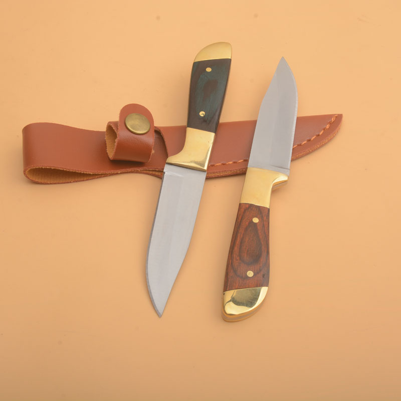 Främjande G1112 Överlevnad Rak kniv 440C Satin Drop Point Blade Full Tang Wood Hande Outdoor Camping Vandring Fiskejakt Knivar med lädermantel