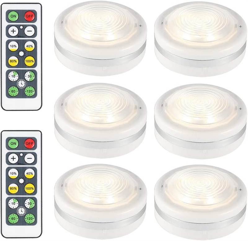 Luces de disco LED inal￡mbrico de 6 paquetes con control remoto Ligera de iluminaci￳n de gabinete Dimmable Luz de armario alimentada por la bater￭a debajo del mostrador de la l￡mpara sobre la l￡mpara