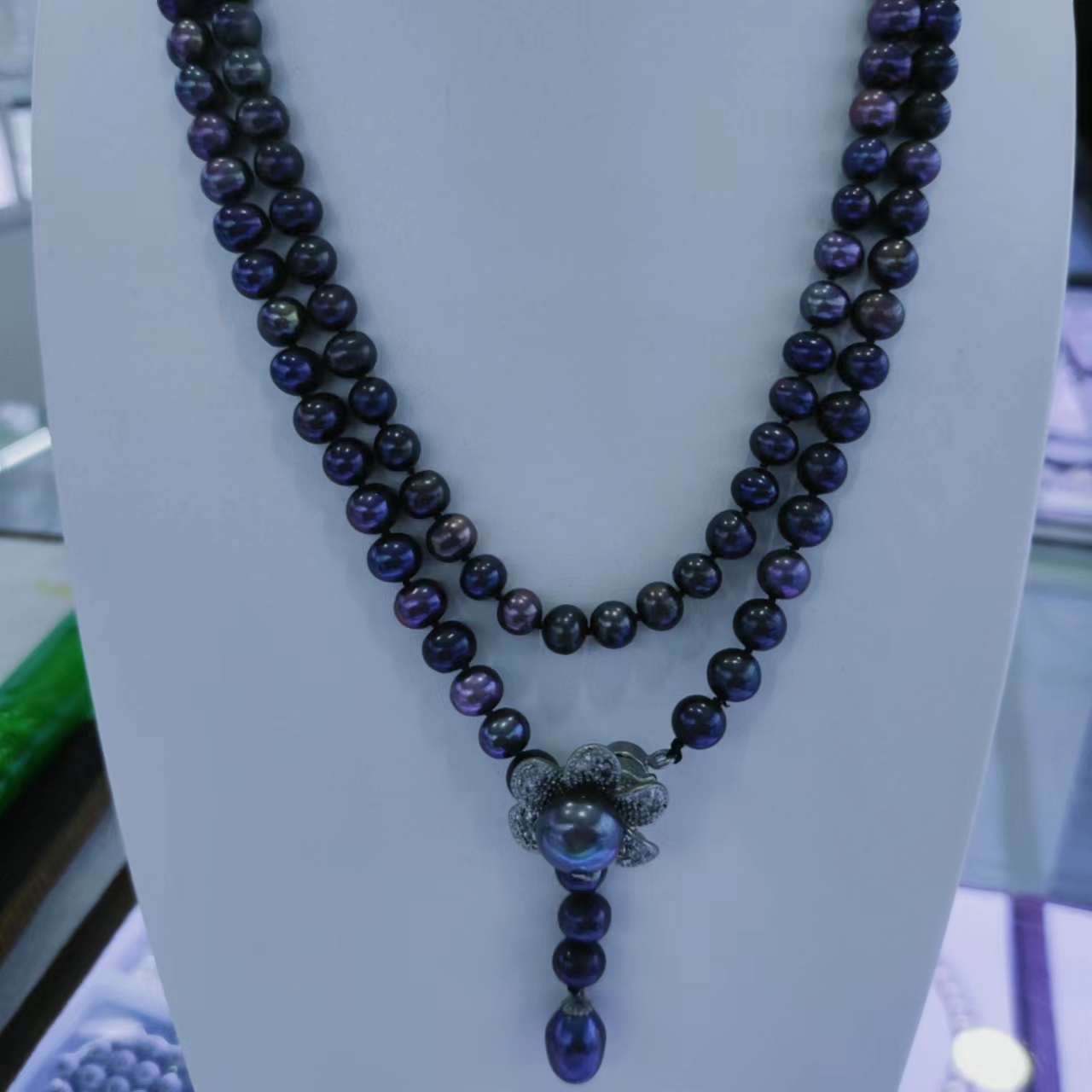 담수 Roundr Black Pearl Necklace 여성 주얼리 패션 및 분위기 95cm 길이 8mm 크기를위한 멀티 스타일 선물