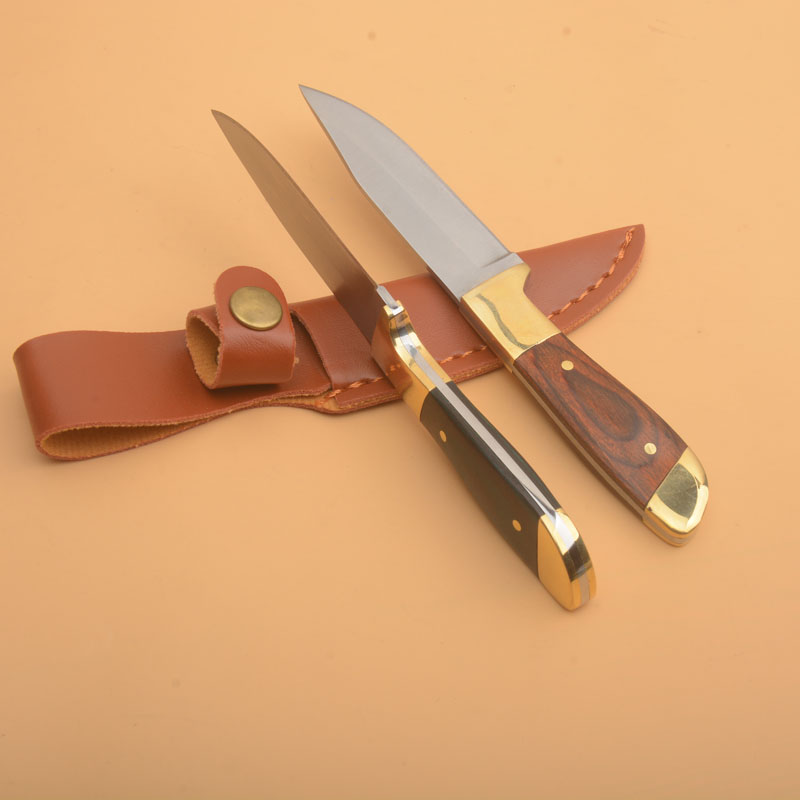 Främjande G1112 Överlevnad Rak kniv 440C Satin Drop Point Blade Full Tang Wood Hande Outdoor Camping Vandring Fiskejakt Knivar med lädermantel