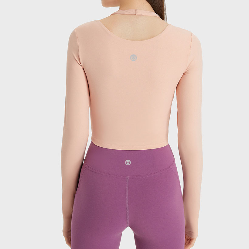 Modische, am Hals hängende Yoga-Outfits. Langarm-Fitness-BH. Neues, sexy, netzrotes Damenoberteil im gleichen Stil. Sport-T-Shirt mit schmalem Körper, das den Körper freigibt, mit Kissen von VELAFEEL