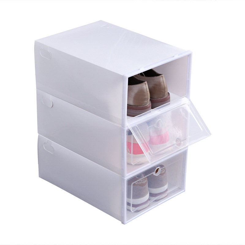 Clear Plastic Shoe Box Dammtät sneaker Lagringsarrangör Flip Transparent High Heels Boxar Candy Color Stapelbara skor Behållare Case Dh5644