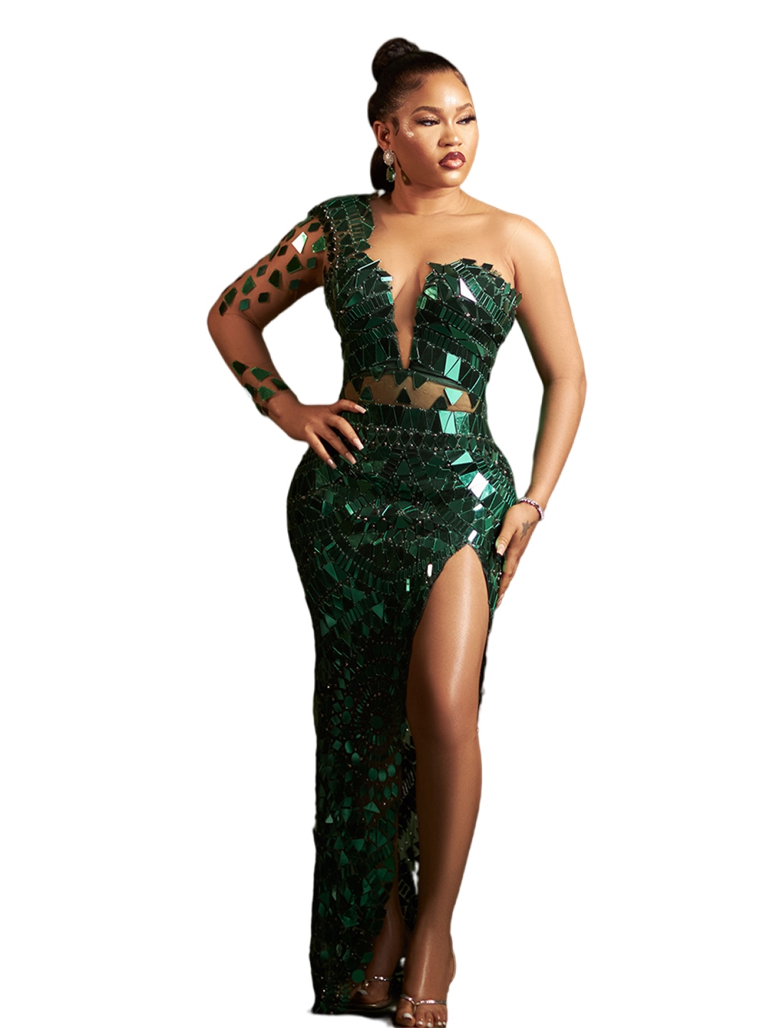Lange glitzernde Meerjungfrau-Abendkleider, smaragdgrün, afrikanisches sexy One-Shoulder-Spiegelkristall-Slim-Fit-Abschlussballkleid Robe de Soiree