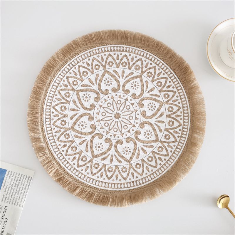 Woven Round Table Mats Handmade Cotton Linen Placemats with Tassel/Pompom Home Decoration