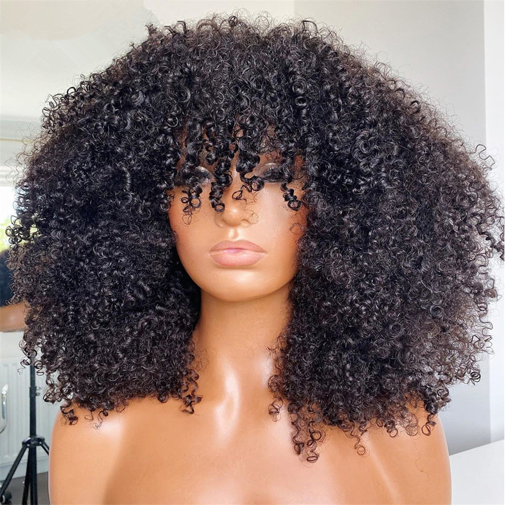 Peruca curly afro com m￡quina de franja feita no couro cabeludo perucas 150 densidade Remy brasileiro curto curto bang cabelo humano inverno temporada quente diva1