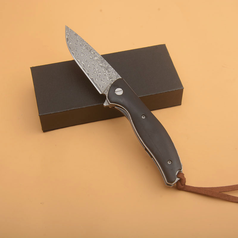 Promoción R1102 Flipper Cuchillo plegable Hoja de punto de caída de acero de Damasco G10 con mango de hoja de acero inoxidable Rodamiento de bolas Cuchillos de carpeta de bolsillo EDC de apertura rápida