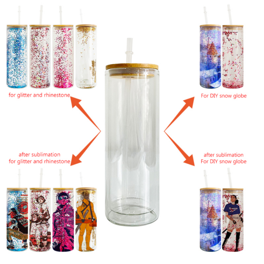 USA Warehouse 20oz Double Wall Snow Globe Glass Mugs Tumbler with Bamboo Lid and Plastic Straw Fit 3mm Glitter for Iced Coffee Soda Cups SS1102