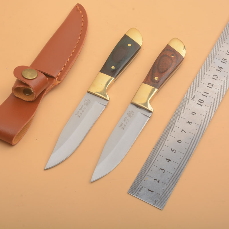 Främjande G1112 Överlevnad Rak kniv 440C Satin Drop Point Blade Full Tang Wood Hande Outdoor Camping Vandring Fiskejakt Knivar med lädermantel