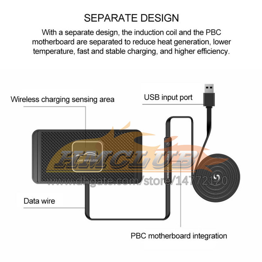 CC268 2 em 1 carro Qi Wireless Charger Pad Painel Dashboard Titular Anti-Skid Tape
