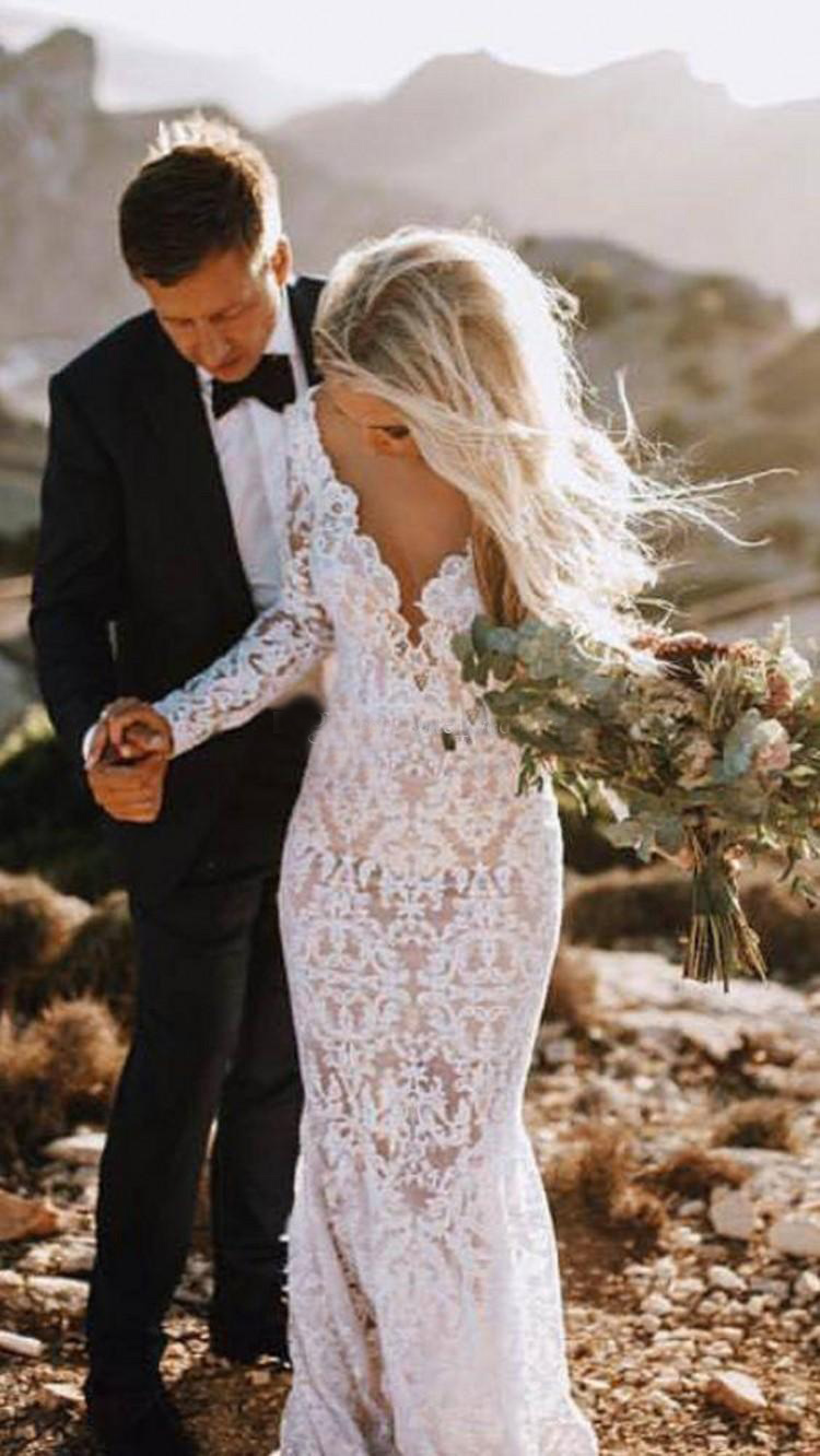 Sexy Boho Hochzeitskleid Meerjungfrau rückenfrei Böhmen Spitze Brautkleider mit langen Ärmeln Braut Kleider nach Maß Vestido de Noiva