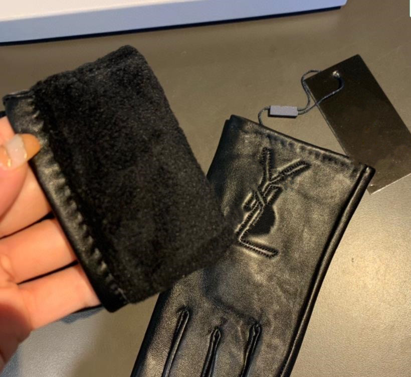 Designer-Handschuhe für Damen mit Box, modisches schwarzes Schaffell-Leder, Fleece innen, Buchstaben-Handschuh, Damen-Touchscreen, Winter, dick, warm, Gunine-Leder-Geschenke