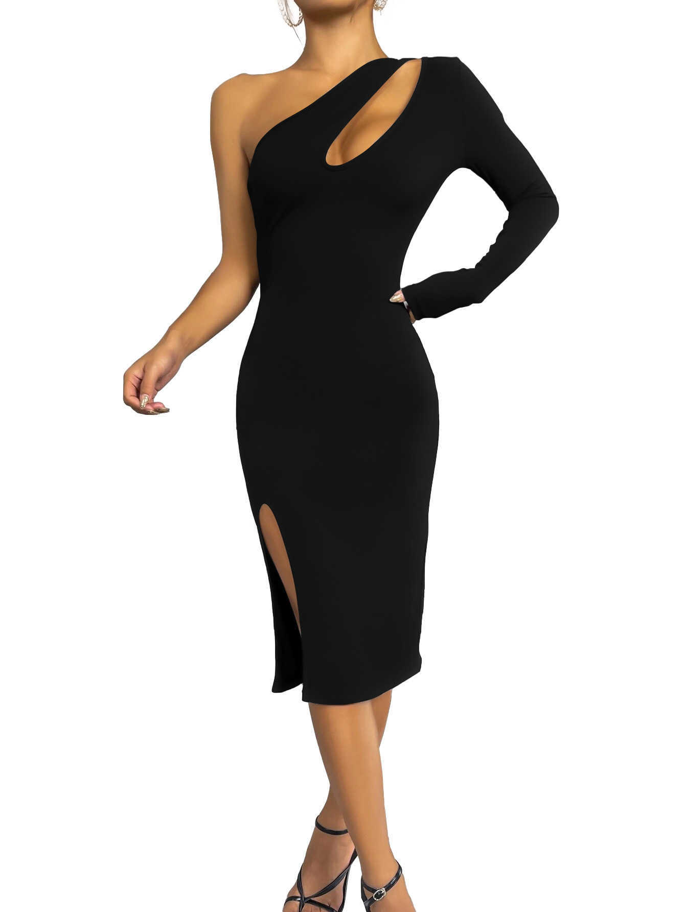 Automne 2022 Robe de femme couleur Couleur solide une épaule sexy bandage creux de cocktail robes pour les femmes habillées en soirée pour femmes