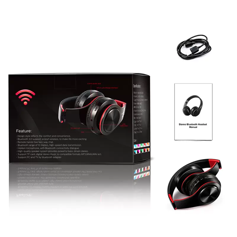 Fones de ouvido sem fio Bluetooth fones de ouvido dobráveis ​​fones de ouvido BT5.0 TF Earbuds de construção Mic 3,5 mm Animação mostrando o suporte em 10 cores