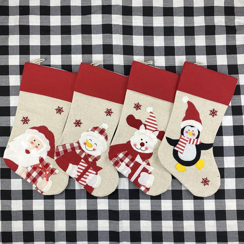 Grand 48cm Chaussettes de Noël Imitation lin Père Noël Bonhomme de neige Elk Cartoon imprimé Sac cadeau de Noël Sac de bonbons-pendentif de décoration de Noël Nouveau