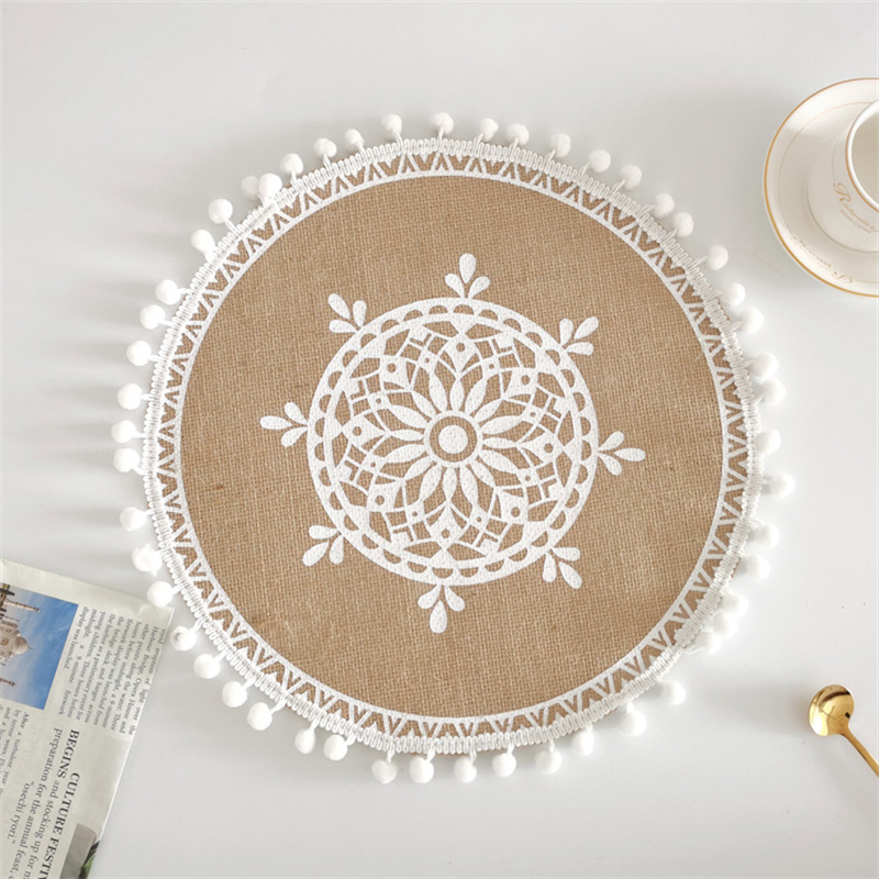 Cotton and Linen Round Place Mats Boho Cotton Woven Macrame Tassels Table Pads for Dining Room Kitchen Decor