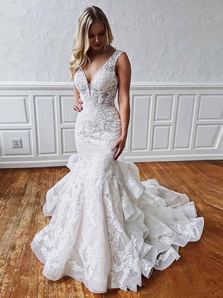 Volantes Falda en capas Encaje Sirena Vestido de novia Robe De Mariee Sin espalda Escote en V profundo Vestidos de novia escalonados Diseño moderno