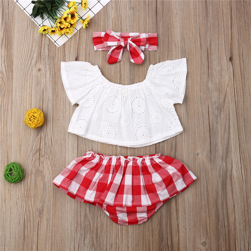 Zestawy odzieży urocze Born Girl Summer Ubrania z ramion Topsplaid Short Dresshead Opaski 0-24m 221103