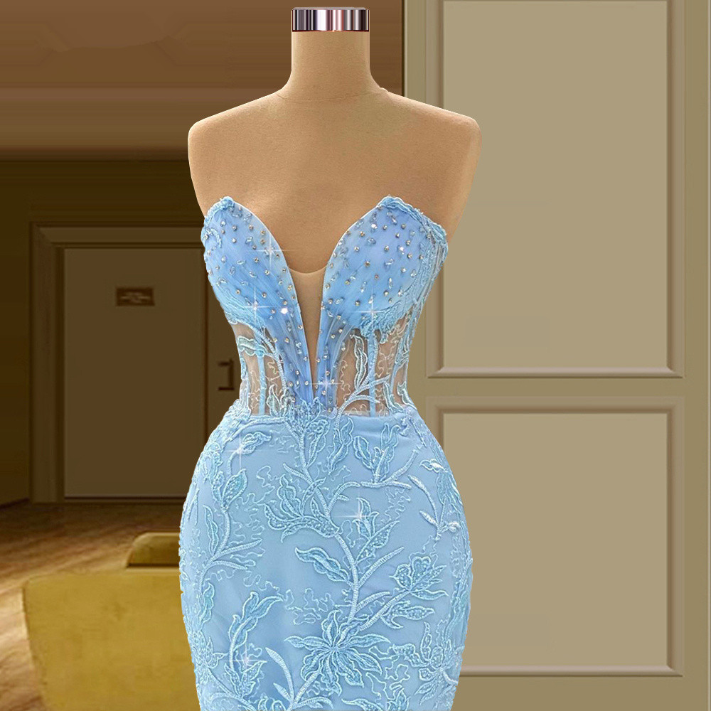 Élégant bleu ciel robes de bal dentelle appliques sirène robes de soirée sans bretelles cristaux robe de soirée sur mesure