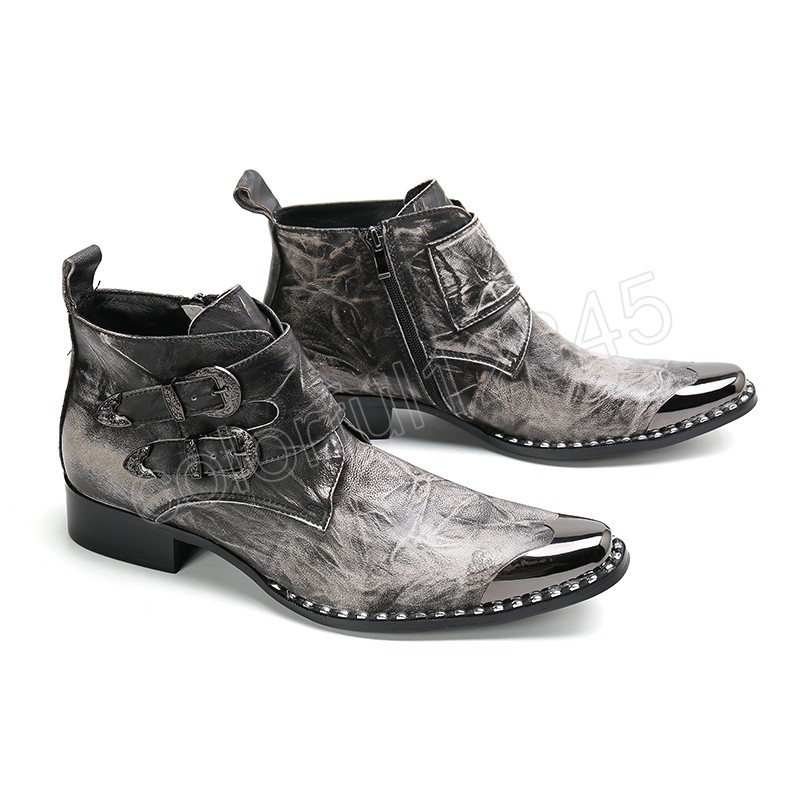 Зимние итальянские туфли мужская вечеринка для вечеринки мужчина настоящие кожаные ковбойские короткие ботинки плюс размер пряжки мужчины ботинки лодыжки
