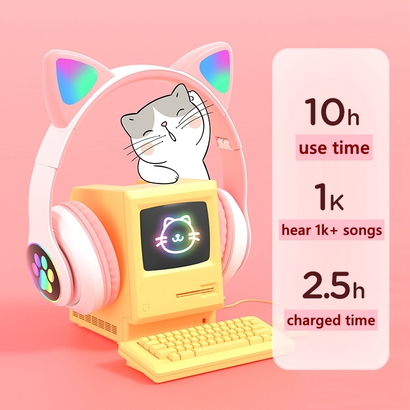 Cell Phone Earphones Glowing Light Cute Cat Bluetooth Kid Headphone with Mic Can Close LED Girls Music Bass Helmet Phone Tablet Wireless Headset Gift 221103